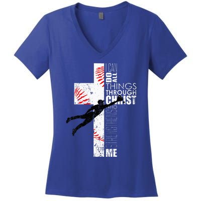 Christian Baseball Religious Cross Graphic Women's V-Neck T-Shirt