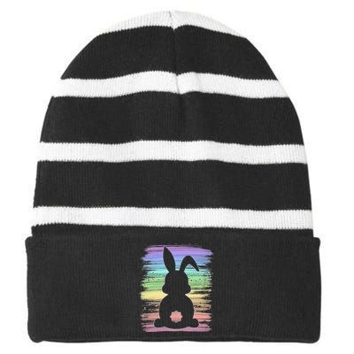 Cute Bunny Rabbit Pastel Happy Easter Day Striped Beanie with Solid Band