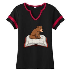 Cute Bear Reading Books Literature Nature Ladies Halftime Notch Neck Tee