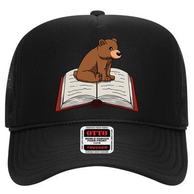 Cute Bear Reading Books Literature Nature High Crown Mesh Back Trucker Hat