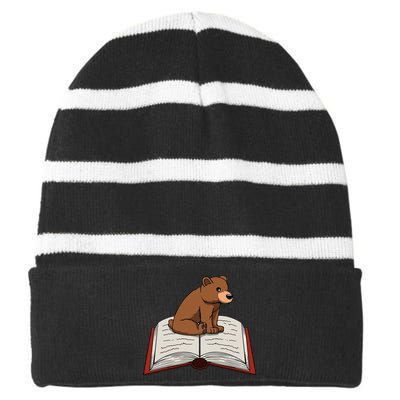 Cute Bear Reading Books Literature Nature Striped Beanie with Solid Band