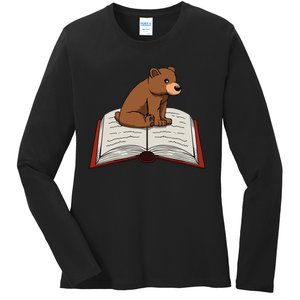 Cute Bear Reading Books Literature Nature Ladies Long Sleeve Shirt