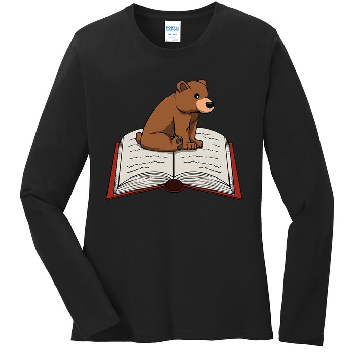 Cute Bear Reading Books Literature Nature Ladies Long Sleeve Shirt