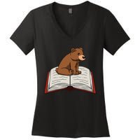 Cute Bear Reading Books Literature Nature Women's V-Neck T-Shirt