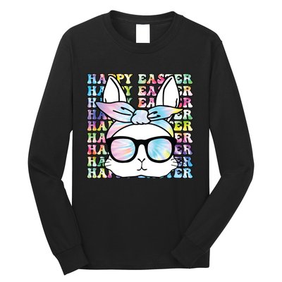 Cute Bunny Rabbit Face Tie Dye Glasses Girl Happy Easter Day Long Sleeve Shirt