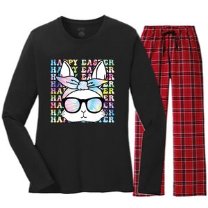 Cute Bunny Rabbit Face Tie Dye Glasses Girl Happy Easter Day Women's Long Sleeve Flannel Pajama Set 