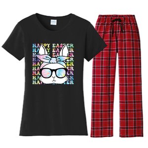 Cute Bunny Rabbit Face Tie Dye Glasses Girl Happy Easter Day Women's Flannel Pajama Set