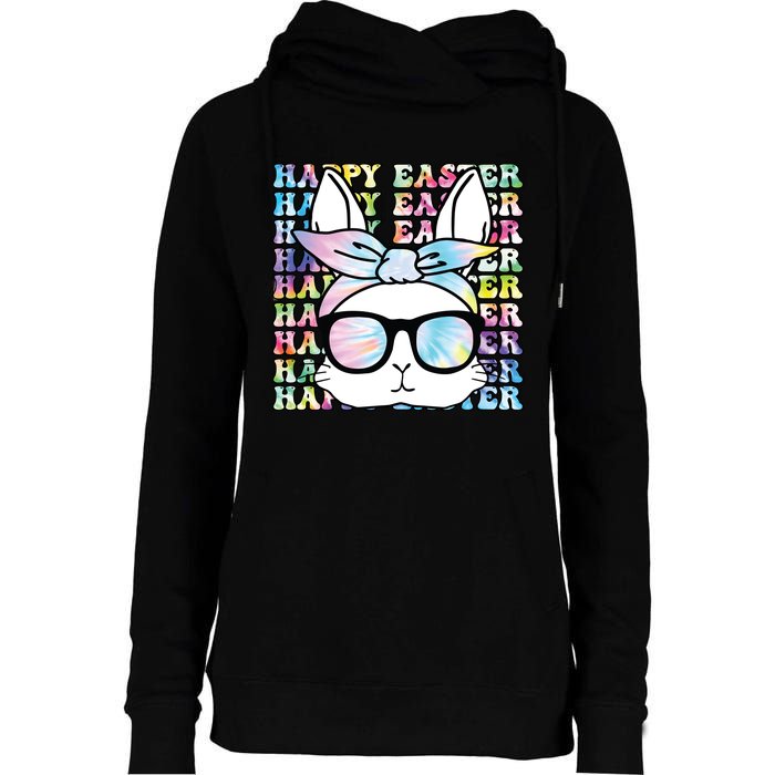 Cute Bunny Rabbit Face Tie Dye Glasses Girl Happy Easter Day Womens Funnel Neck Pullover Hood