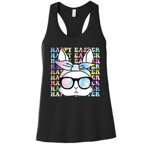 Cute Bunny Rabbit Face Tie Dye Glasses Girl Happy Easter Day Women's Racerback Tank