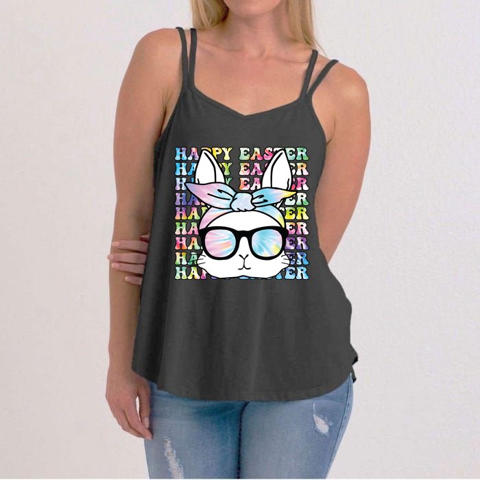 Cute Bunny Rabbit Face Tie Dye Glasses Girl Happy Easter Day Women's Strappy Tank