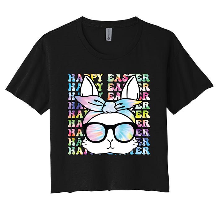 Cute Bunny Rabbit Face Tie Dye Glasses Girl Happy Easter Day Women's Crop Top Tee