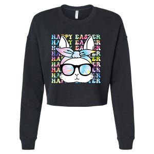 Cute Bunny Rabbit Face Tie Dye Glasses Girl Happy Easter Day Cropped Pullover Crew