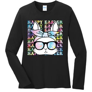 Cute Bunny Rabbit Face Tie Dye Glasses Girl Happy Easter Day Ladies Long Sleeve Shirt