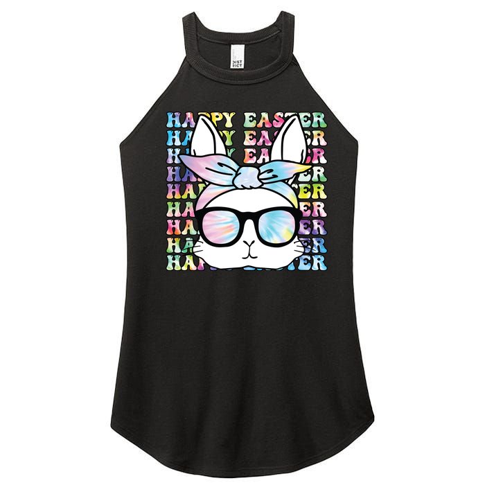 Cute Bunny Rabbit Face Tie Dye Glasses Girl Happy Easter Day Women's Perfect Tri Rocker Tank