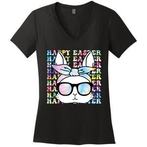 Cute Bunny Rabbit Face Tie Dye Glasses Girl Happy Easter Day Women's V-Neck T-Shirt