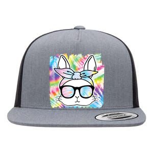 Cute Bunny Rabbit Face Tie Dye Glasses Girl Happy Easter Day Flat Bill Trucker Hat