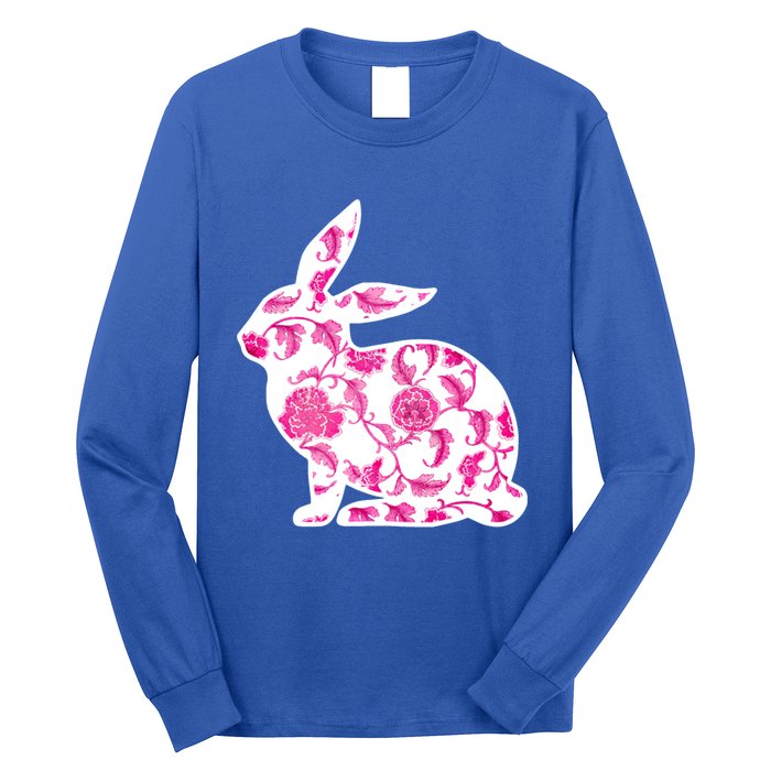 Chinoiserie Bunny Rabbit Vintage Pink And White Floral Print Cute Gift Long Sleeve Shirt