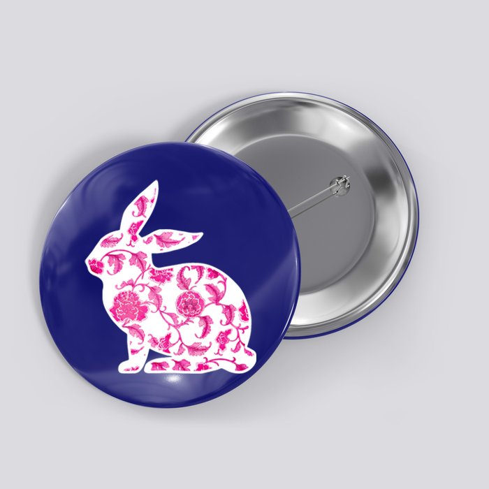 Chinoiserie Bunny Rabbit Vintage Pink And White Floral Print Cute Gift Button