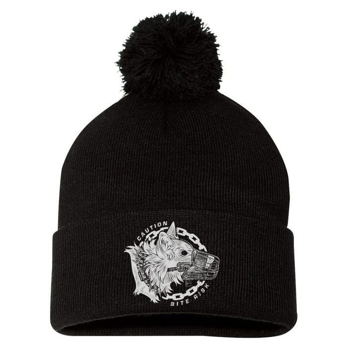 Caution Bite Risk Pom Pom 12in Knit Beanie