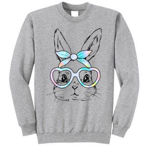 Cute Bunny Rabbit Face Tie Dye Glasses Girl Happy Easter Day Tall Sweatshirt