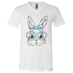 Cute Bunny Rabbit Face Tie Dye Glasses Girl Happy Easter Day V-Neck T-Shirt