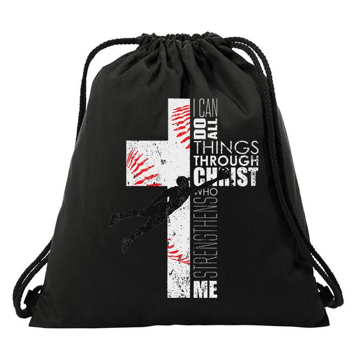 Christian Baseball Religious Cross Graphic Drawstring Bag