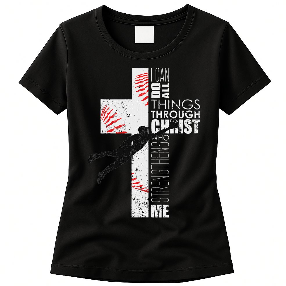 Christian Baseball Religious Cross Graphic Womens T-Shirt