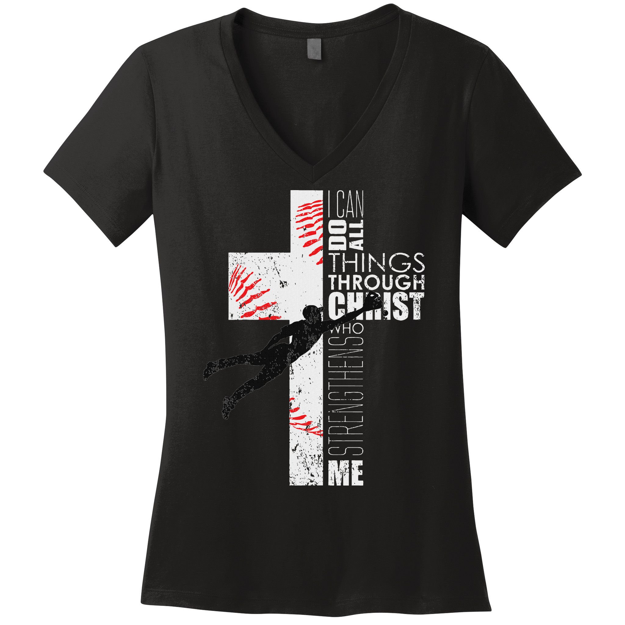 Christian Baseball Religious Cross Graphic Women's V-Neck T-Shirt