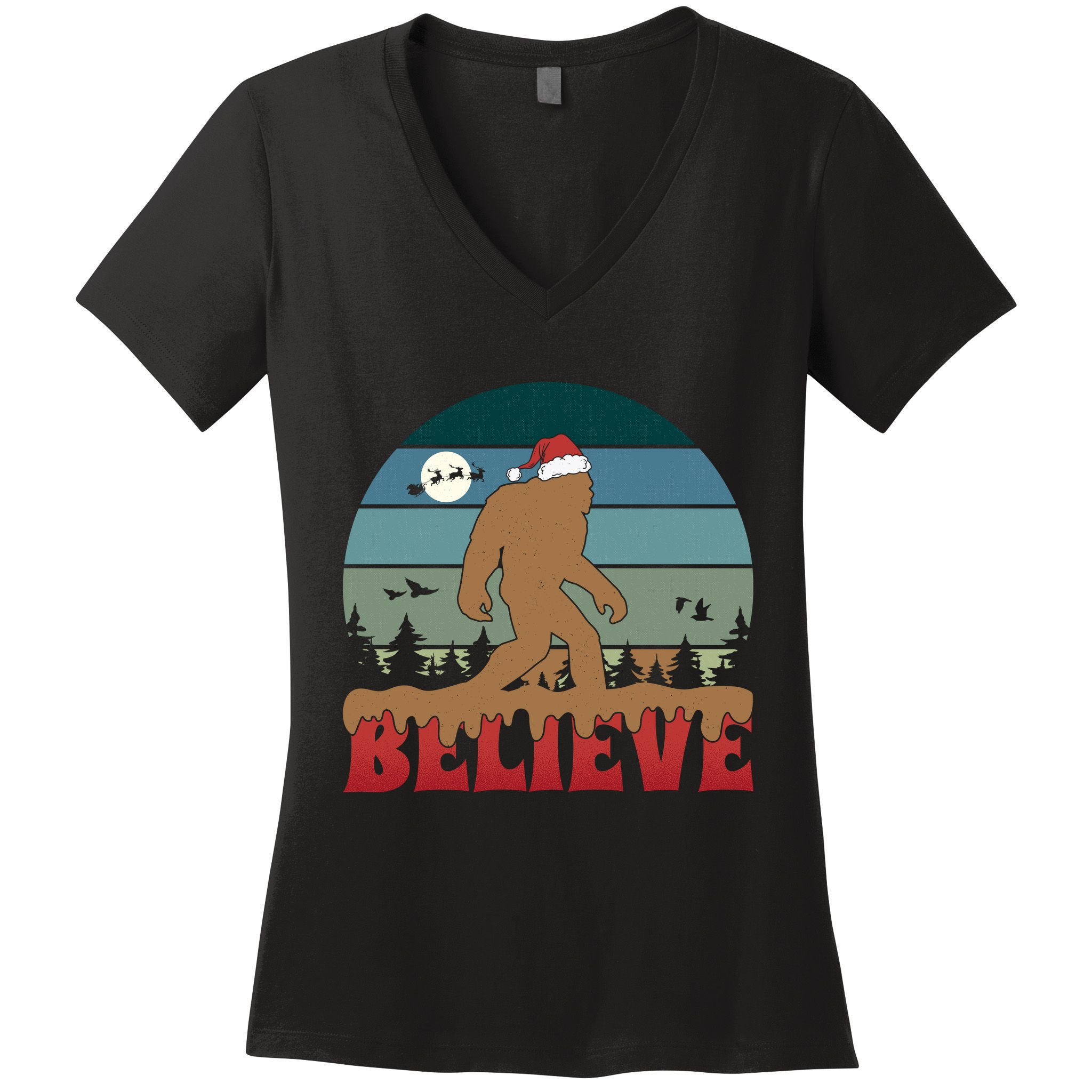 Christmas Bigfoot Retro Women's V-Neck T-Shirt