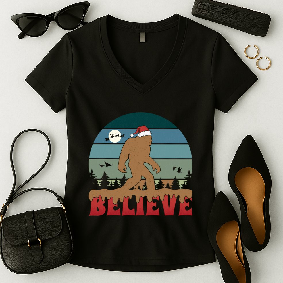 Christmas Bigfoot Retro Women's V-Neck T-Shirt