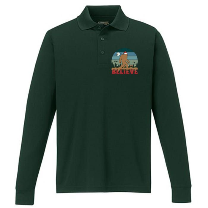 Christmas Bigfoot Retro Performance Long Sleeve Polo