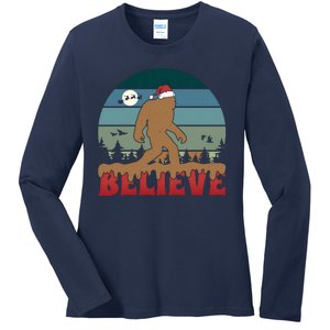 Christmas Bigfoot Retro Ladies Long Sleeve Shirt