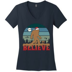 Christmas Bigfoot Retro Women's V-Neck T-Shirt