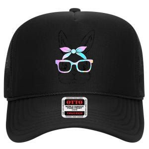 Cute Bunny Rabbit Face Tie Dye Glasses Girl Happy Easter Day High Crown Mesh Back Trucker Hat