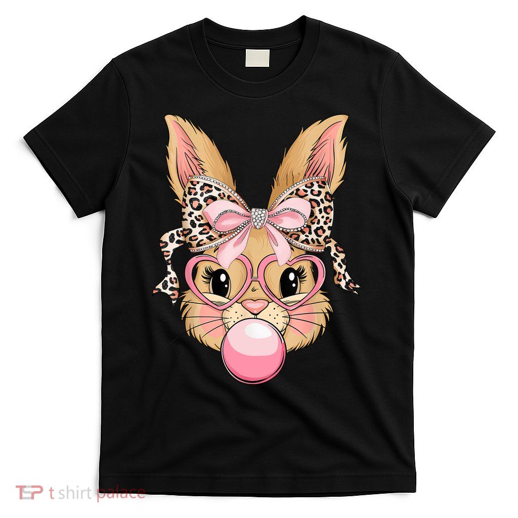 Cute Bunny Rabbit Face Leopard Glasses Girl Happy Easter Day  T-Shirt