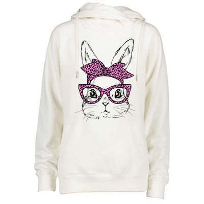 Cute Bunny Rabbit Face Leopard Glasses Girl Happy Easter Day Womens Funnel Neck Pullover Hood