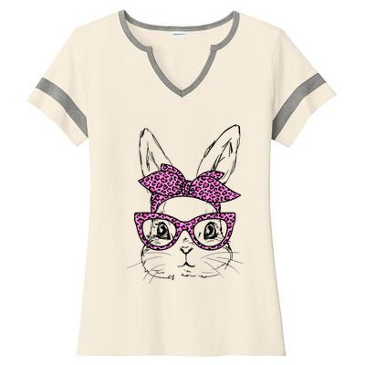 Cute Bunny Rabbit Face Leopard Glasses Girl Happy Easter Day Ladies Halftime Notch Neck Tee