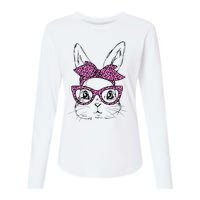 Cute Bunny Rabbit Face Leopard Glasses Girl Happy Easter Day Womens Cotton Relaxed Long Sleeve T-Shirt