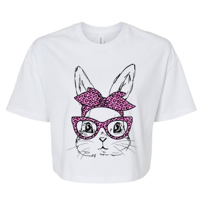 Cute Bunny Rabbit Face Leopard Glasses Girl Happy Easter Day Bella+Canvas Jersey Crop Tee