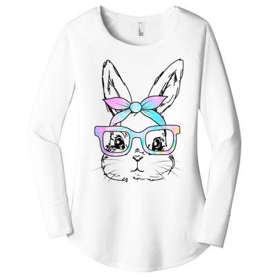 Cute Bunny Rabbit Face Tie Dye Glasses Girl Happy Easter Day Women's Perfect Tri Tunic Long Sleeve Shirt