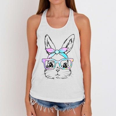 Cute Bunny Rabbit Face Tie Dye Glasses Girl Happy Easter Day Women's Knotted Racerback Tank