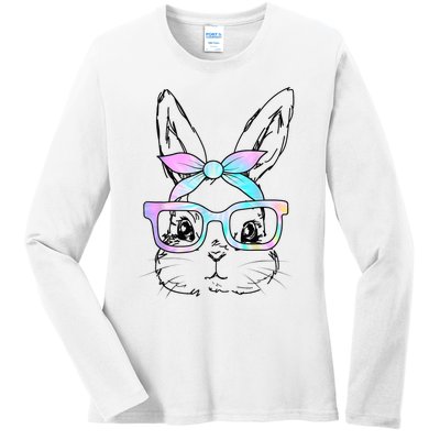 Cute Bunny Rabbit Face Tie Dye Glasses Girl Happy Easter Day Ladies Long Sleeve Shirt