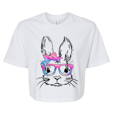 Cute Bunny Rabbit Face Tie Dye Glasses Girl Happy Easter Day Bella+Canvas Jersey Crop Tee