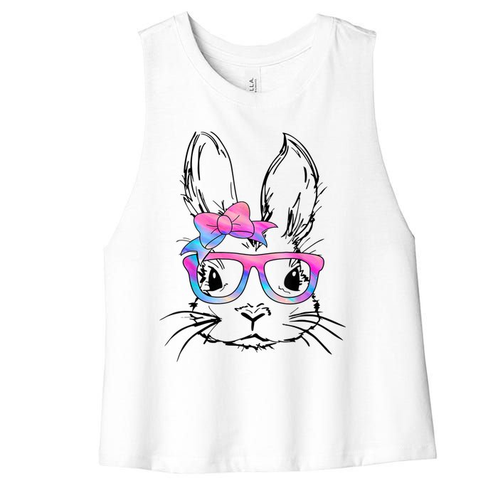 Cute Bunny Rabbit Face Tie Dye Glasses Girl Happy Easter Day Women's Racerback Cropped Tank