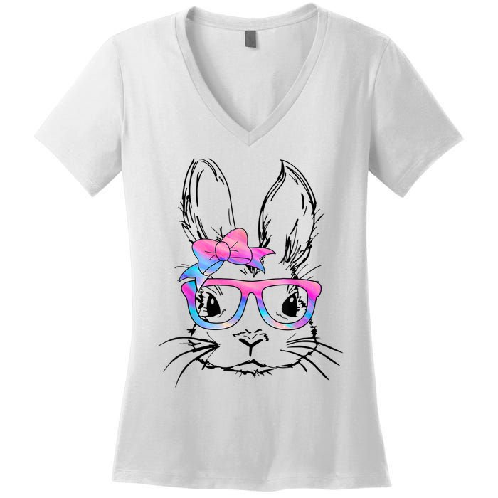 Cute Bunny Rabbit Face Tie Dye Glasses Girl Happy Easter Day Women's V-Neck T-Shirt