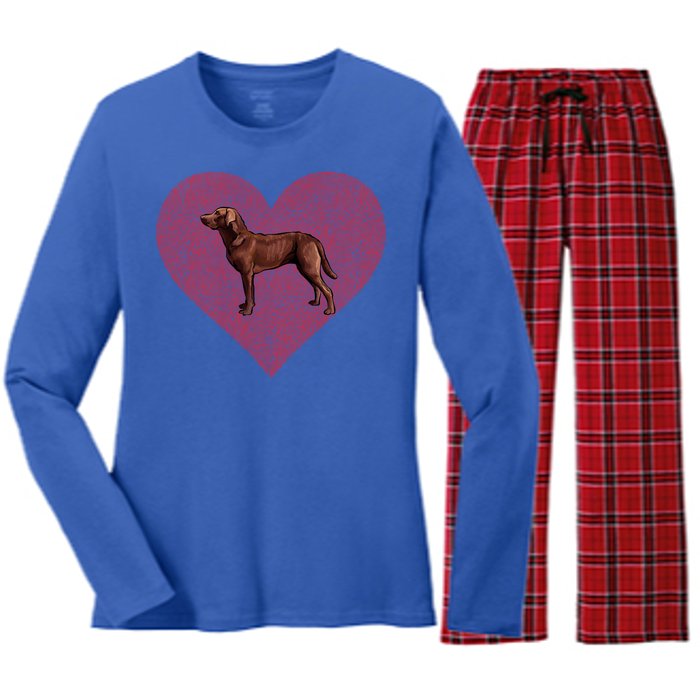 Chesapeake Bay Retriever Valentines Day Dog Love Fingerprint Gift Women's Long Sleeve Flannel Pajama Set 