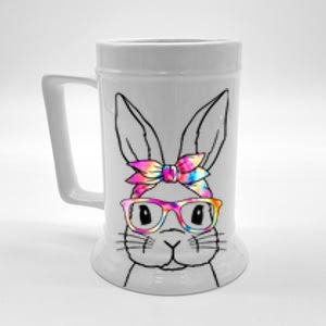 Cute Bunny Rabbit Face Tie Dye Glasses Girl Happy Easter Day Beer Stein