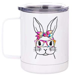 Cute Bunny Rabbit Face Tie Dye Glasses Girl Happy Easter Day 12 oz Stainless Steel Tumbler Cup