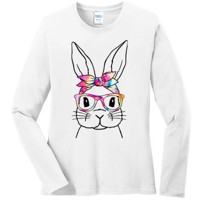 Cute Bunny Rabbit Face Tie Dye Glasses Girl Happy Easter Day Ladies Long Sleeve Shirt