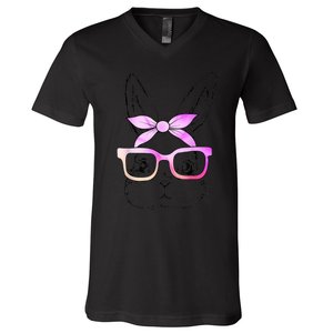 Cute Bunny Rabbit Face Tie Dye Glasses Girl Happy Easter Day V-Neck T-Shirt